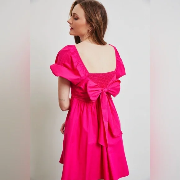Puff Sleeve Baby Doll Dress with Bow Back and Pockets - Picture 6 of 7